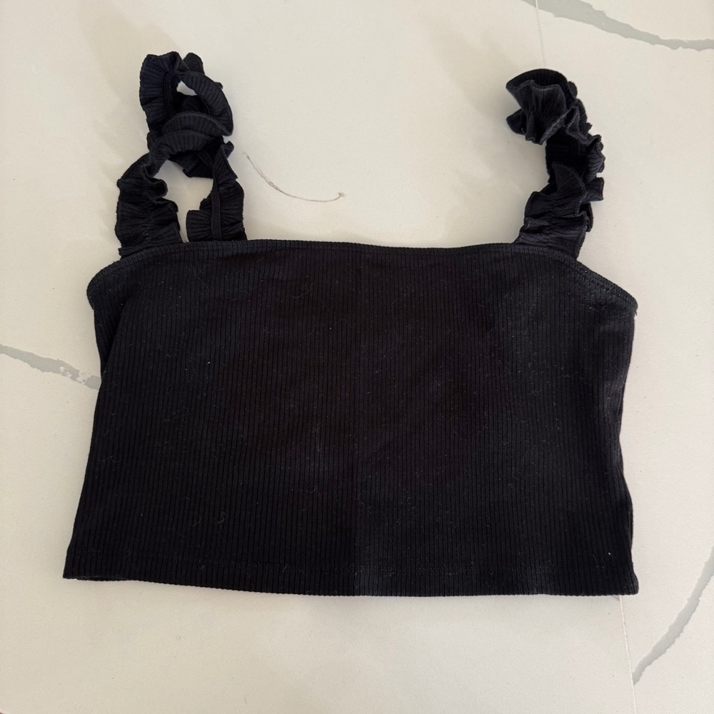 Black Ruffled Strap Crop Top Aritzia